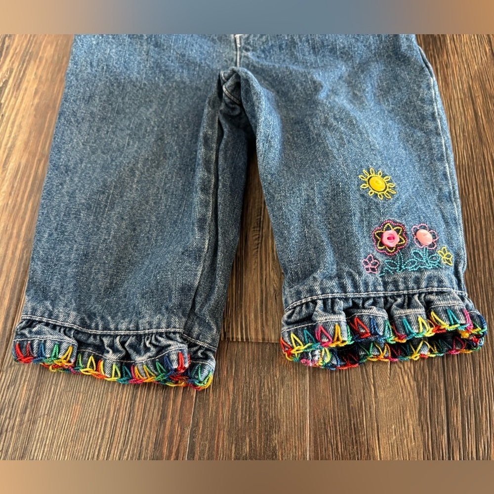 Vtg 2002 Sesame Street Jeans Size 6/9 Months Blue Rainbow Thread Hems Flowers - Picture 8 of 9